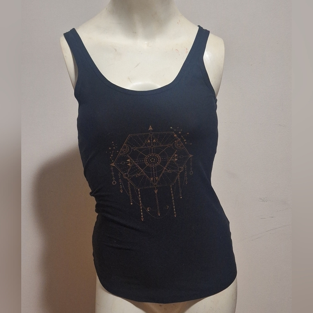 No Boundaries Black Tank Top with Gold Geometric Design